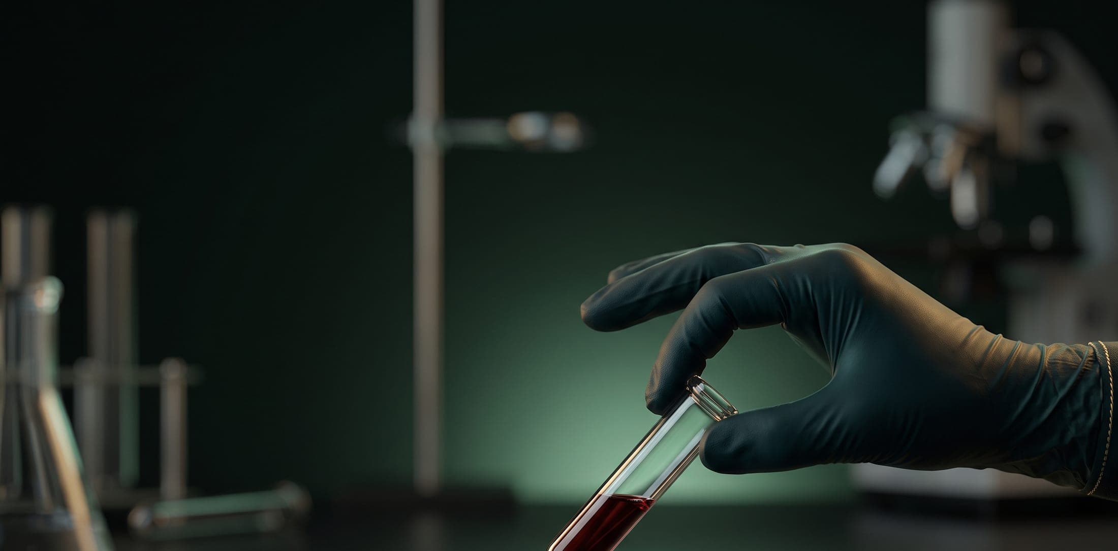 A calm, close-up depiction of a blood-test vial in a lab